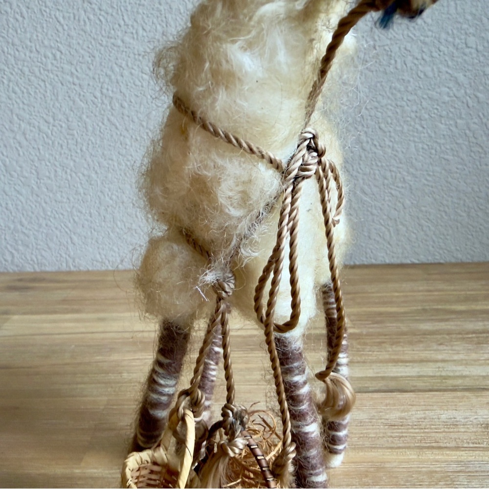 Handmade Wool Felt Llama Alpaca Figurine Folk Art Miniature w Basket 10in - Picture 7 of 15